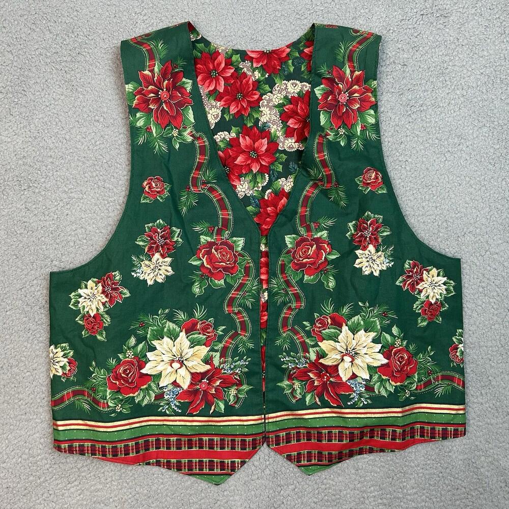 Handmade Reversible Christmas Vest Poinsettia Plaid Patchwork Holiday Adult M